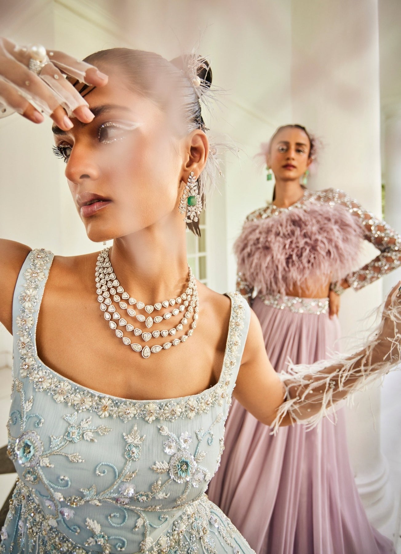 Pakistani Powder Blue Embroidered Chiffon Peplum Kurta Palazzo (3-Piece) - Image 5