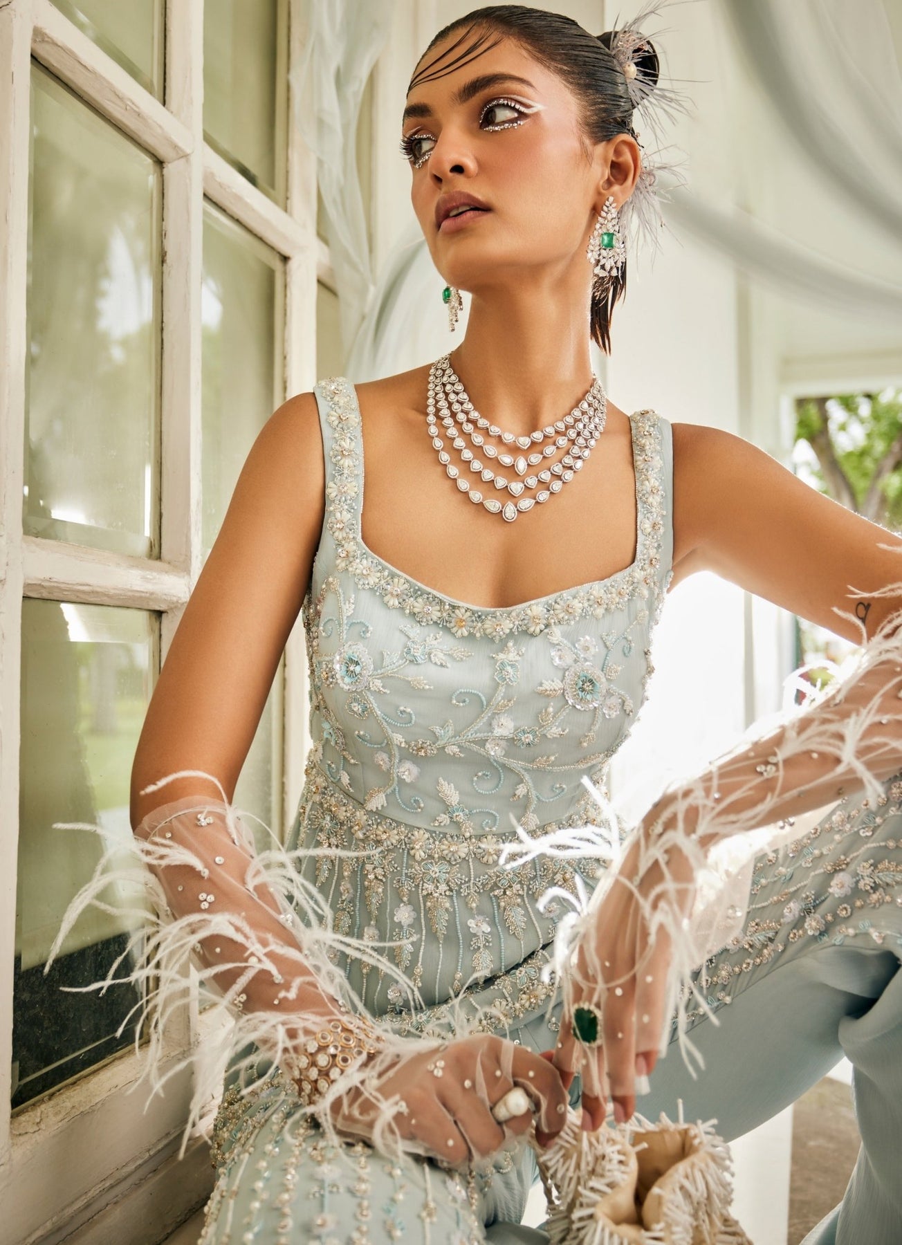 Pakistani Powder Blue Embroidered Chiffon Peplum Kurta Palazzo (3-Piece) - Image 6