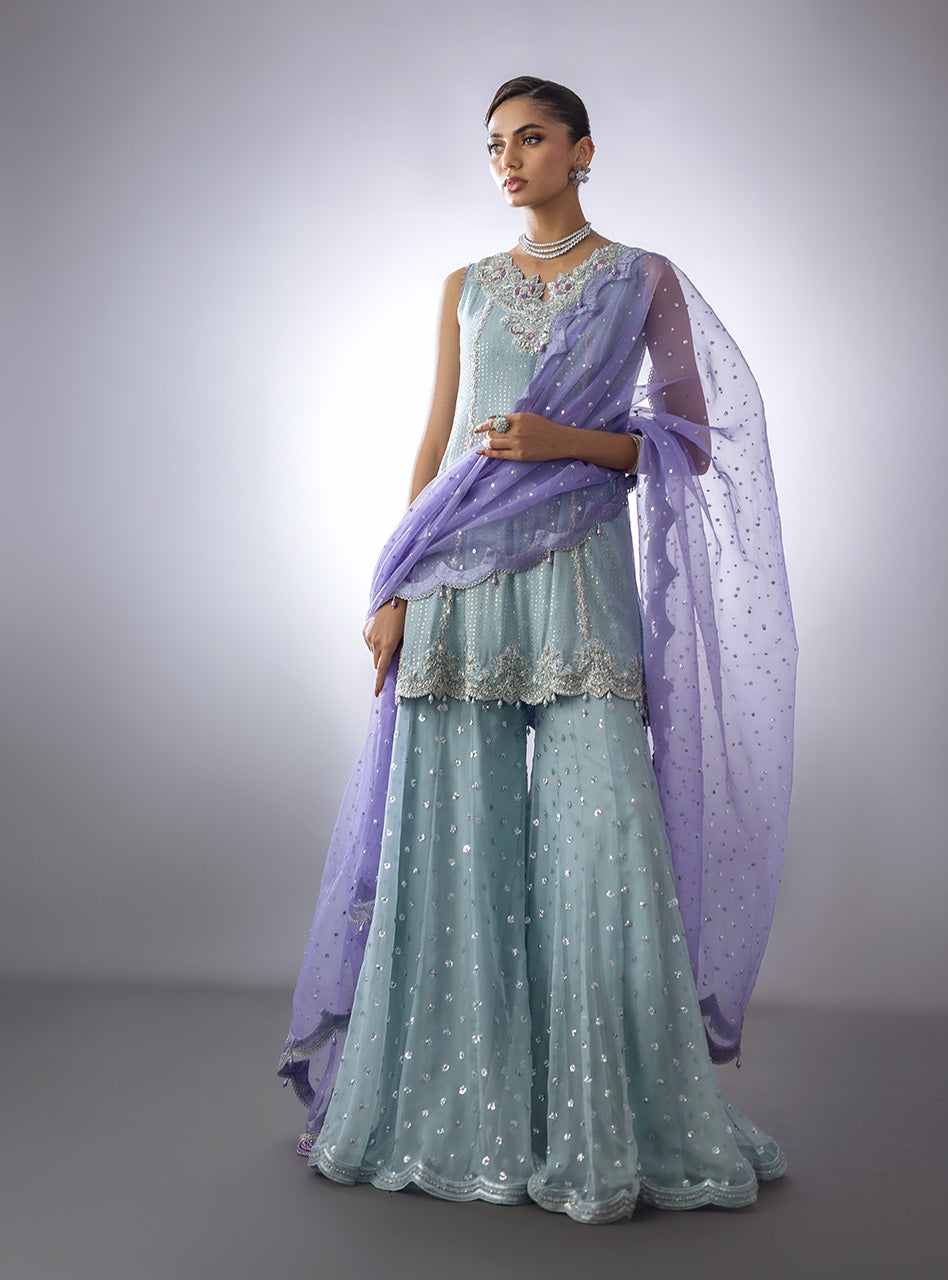 Ice-Blue Embroidered Mukesh Peplum with Sequinned Sharara (3-Piece) - Image 1