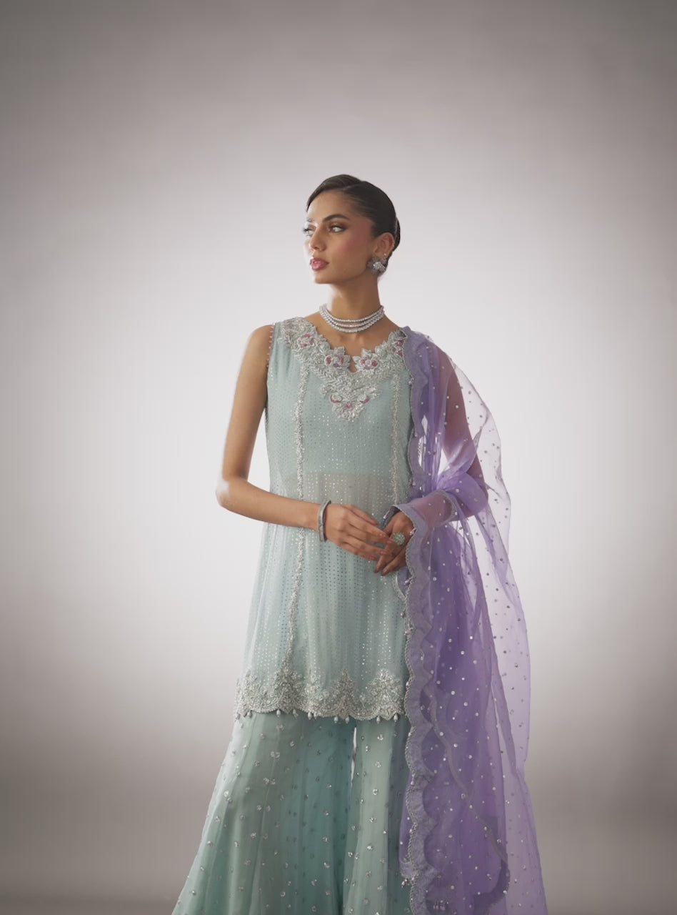 Ice-Blue Embroidered Mukesh Peplum with Sequinned Sharara (3-Piece) - Image 10