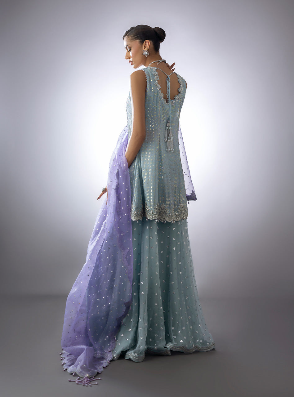 Ice-Blue Embroidered Mukesh Peplum with Sequinned Sharara (3-Piece) - Image 2