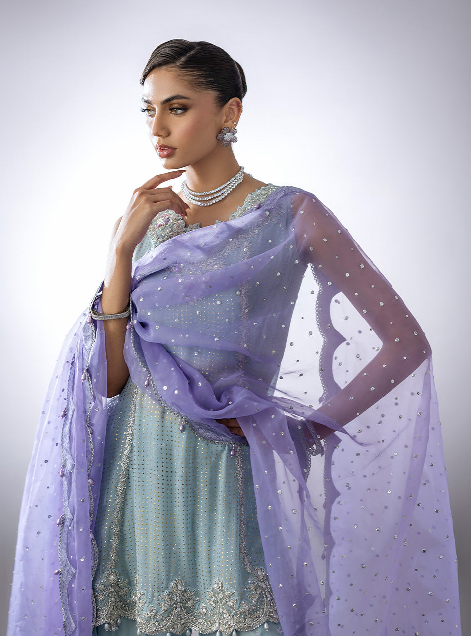 Ice-Blue Embroidered Mukesh Peplum with Sequinned Sharara (3-Piece) - Image 4