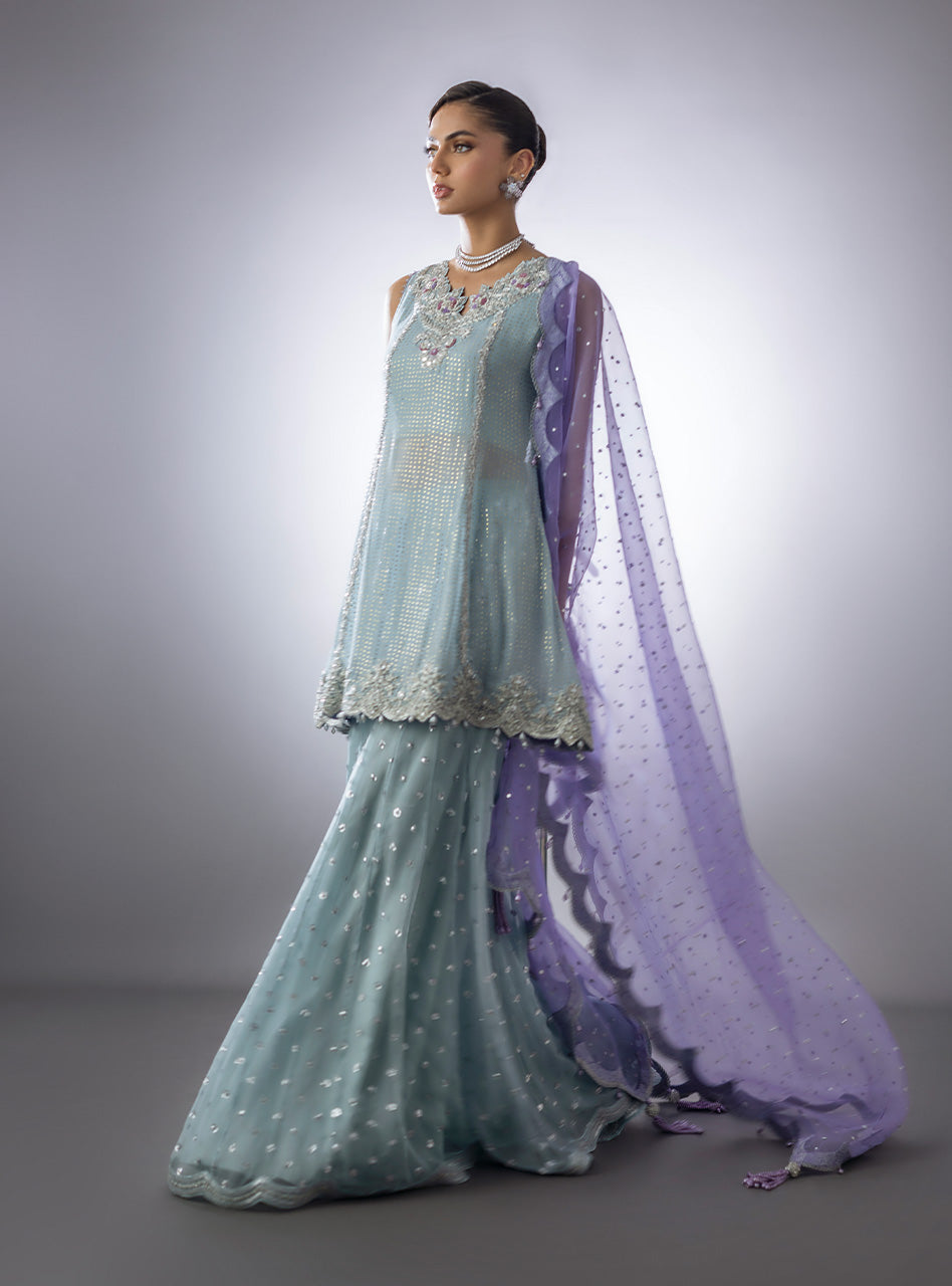 Ice-Blue Embroidered Mukesh Peplum with Sequinned Sharara (3-Piece) - Image 5