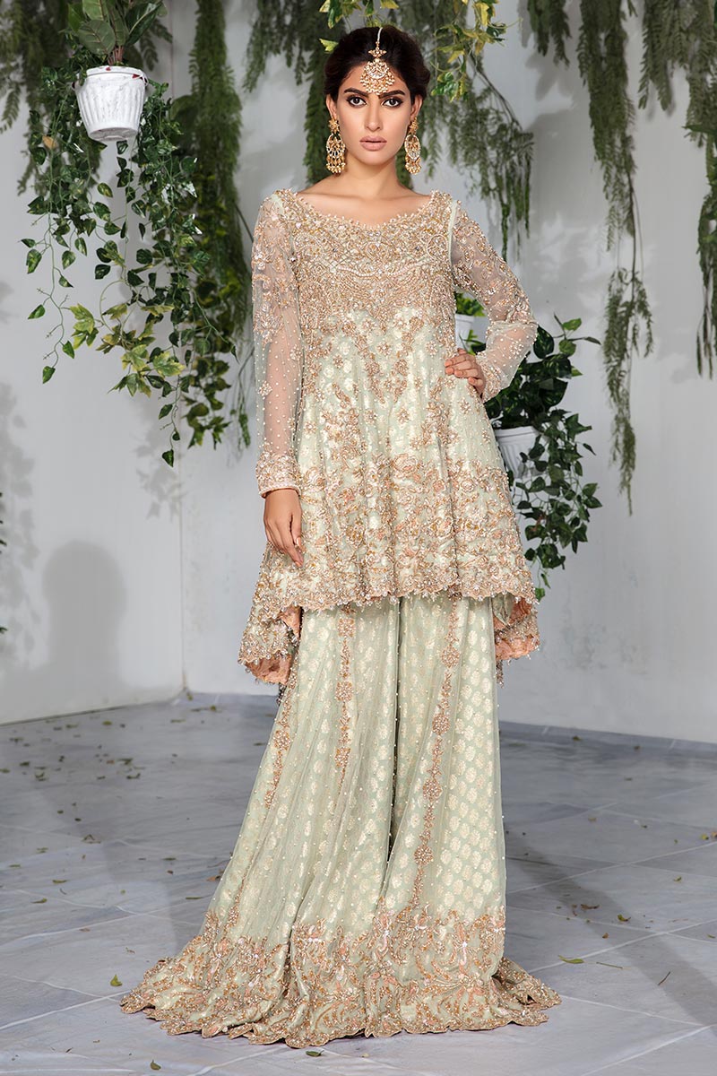 Pakistani Aqua Embroidered Net Peplum with Sharara (3-Piece) - Image 1