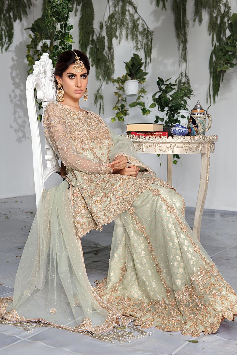 Pakistani Aqua Embroidered Net Peplum with Sharara (3-Piece) - Image 2