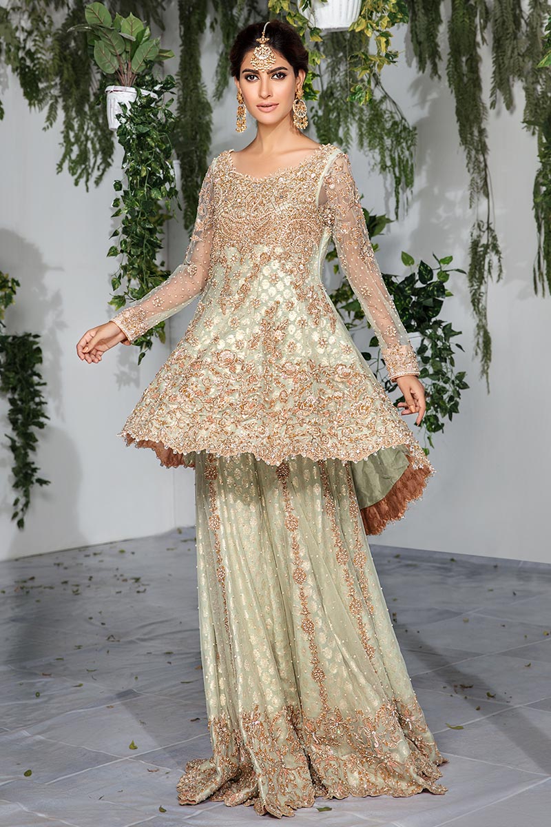 Pakistani Aqua Embroidered Net Peplum with Sharara (3-Piece) - Image 3