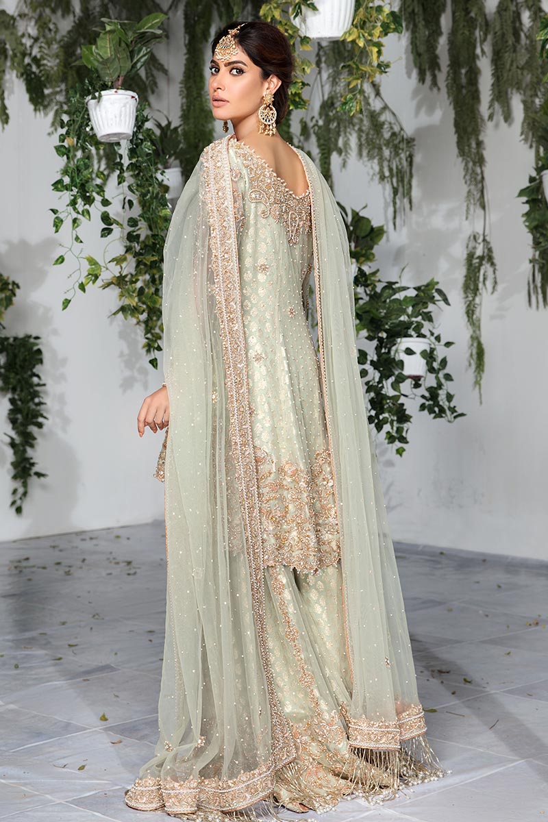 Pakistani Aqua Embroidered Net Peplum with Sharara (3-Piece) - Image 4