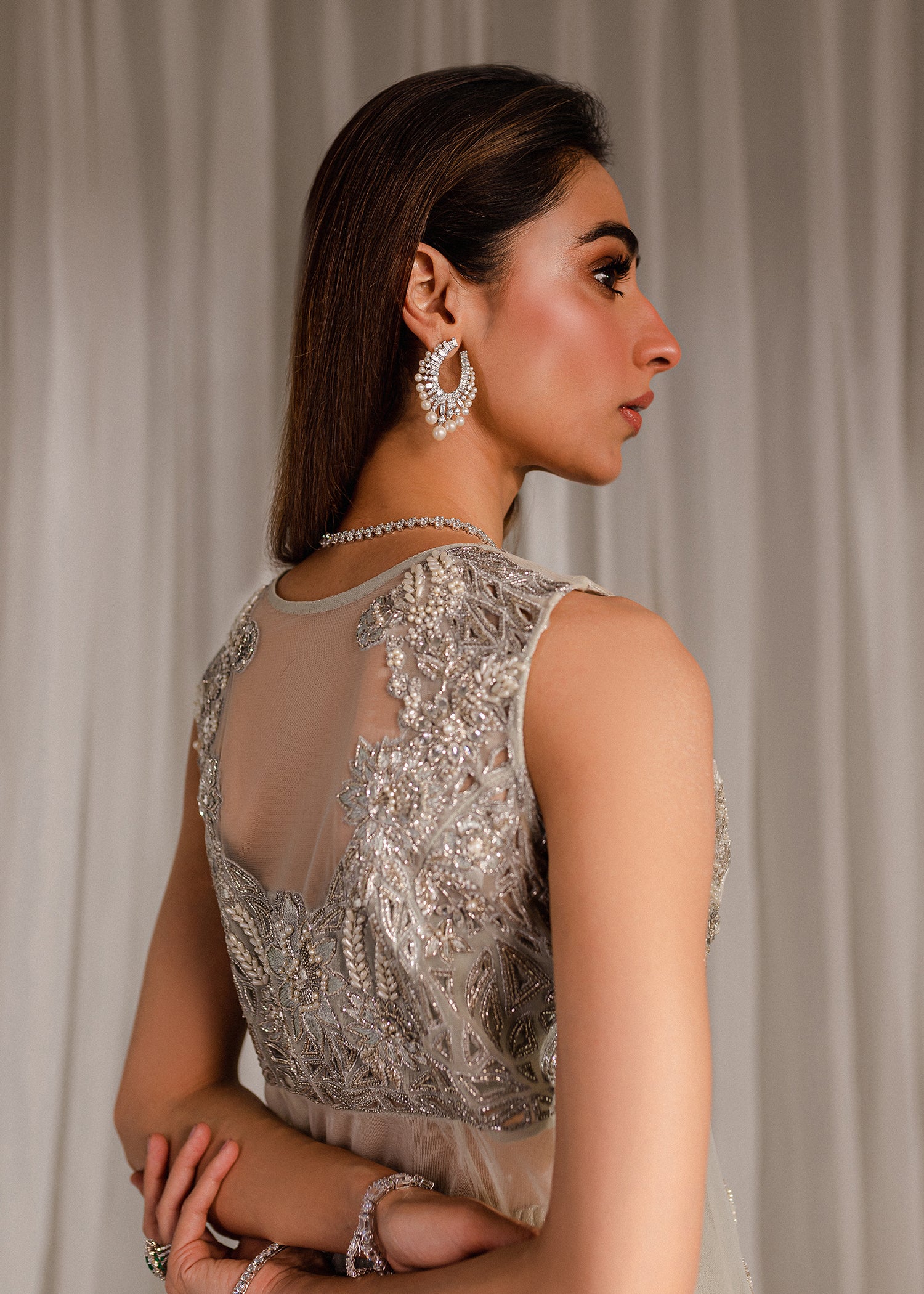 Pakistani Pale Blue Embellished Net & Banarsi Peplum Jacket (3-Piece) - Image 6