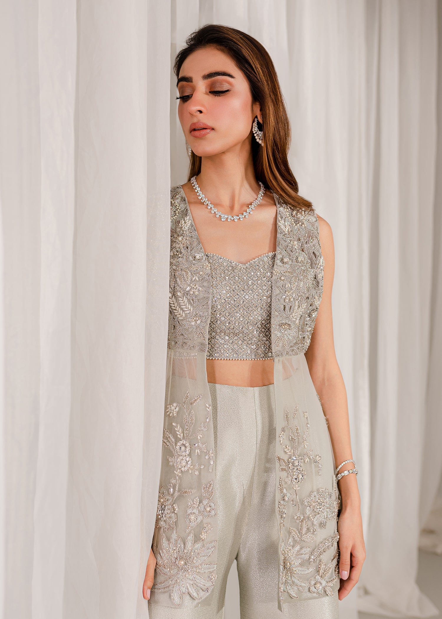 Pakistani Pale Blue Embellished Net & Banarsi Peplum Jacket (3-Piece) - Image 7