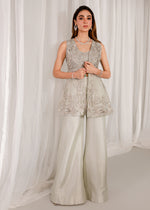 Pale Blue Embellished Net & Banarsi Peplum Jacket (3-Piece) - Image 2