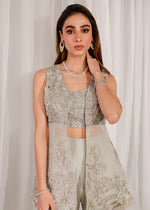 Pale Blue Embellished Net & Banarsi Peplum Jacket (3-Piece) - Image 3