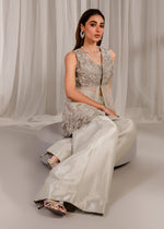 Pale Blue Embellished Net & Banarsi Peplum Jacket (3-Piece) - Image 5