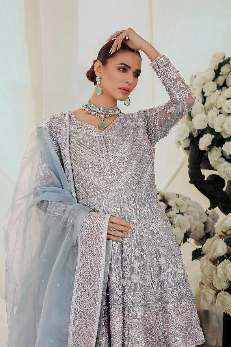 Pakistani Ice Blue Embroidered Net Peplum with Sharara (3-Piece) - Image 3