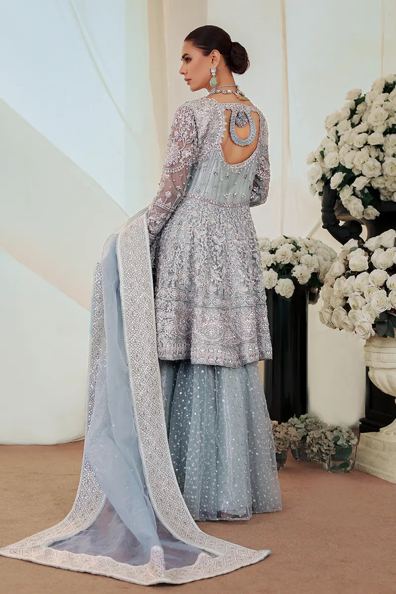 Pakistani Ice Blue Embroidered Net Peplum with Sharara (3-Piece) - Image 4