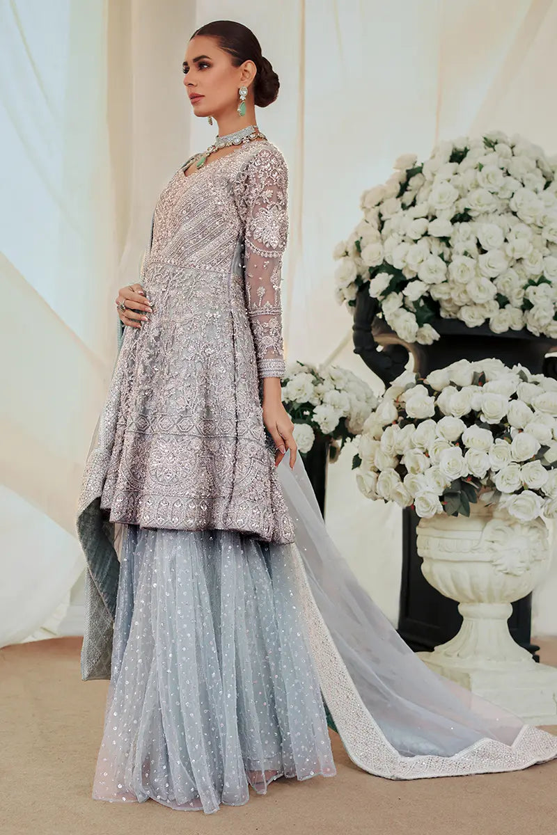 Pakistani Ice Blue Embroidered Net Peplum with Sharara (3-Piece) - Image 5