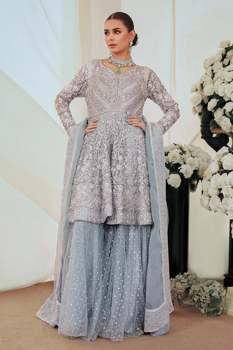 Pakistani Ice Blue Embroidered Net Peplum with Sharara (3-Piece) - Image 1