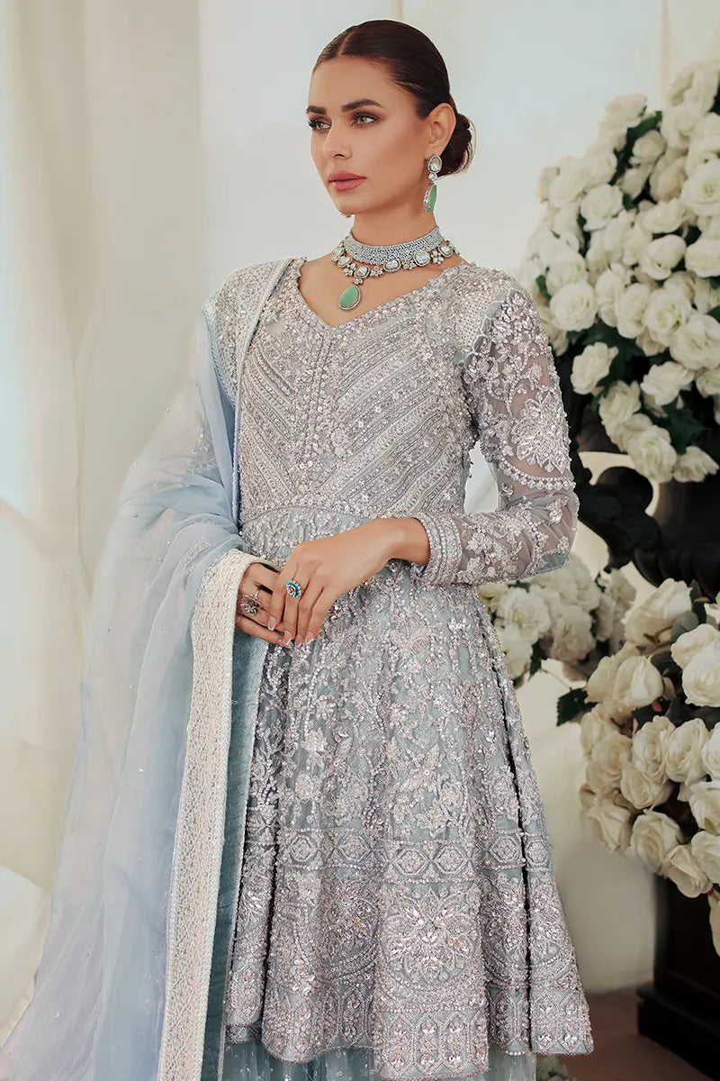 Pakistani Ice Blue Embroidered Net Peplum with Sharara (3-Piece) - Image 2