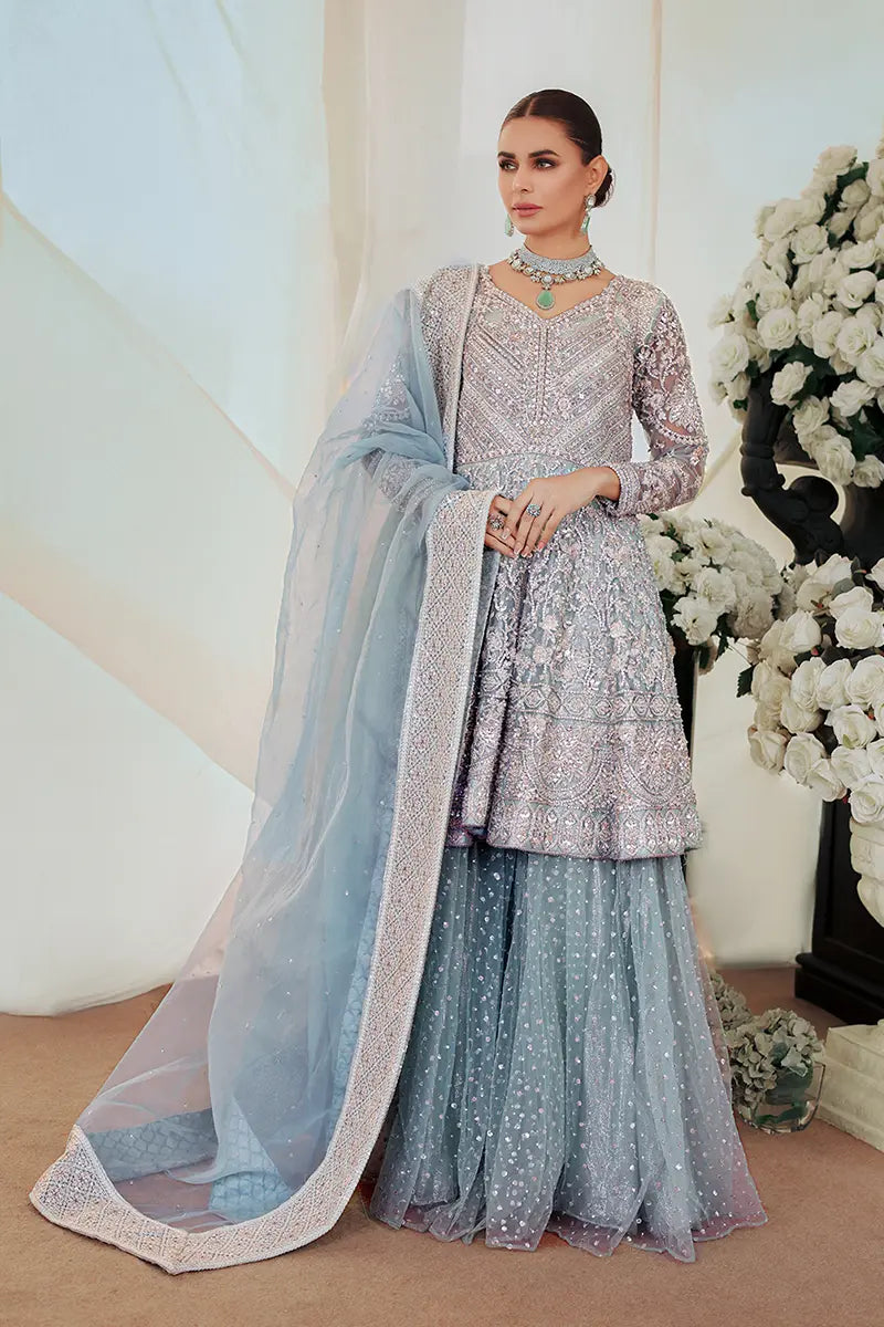 Pakistani Ice Blue Embroidered Net Peplum with Sharara (3-Piece) - Image 4