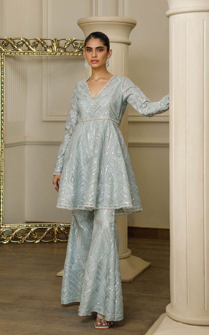 Pakistani Sky Blue Embroidered Organza Peplum Dress (2-Piece) - Image 1
