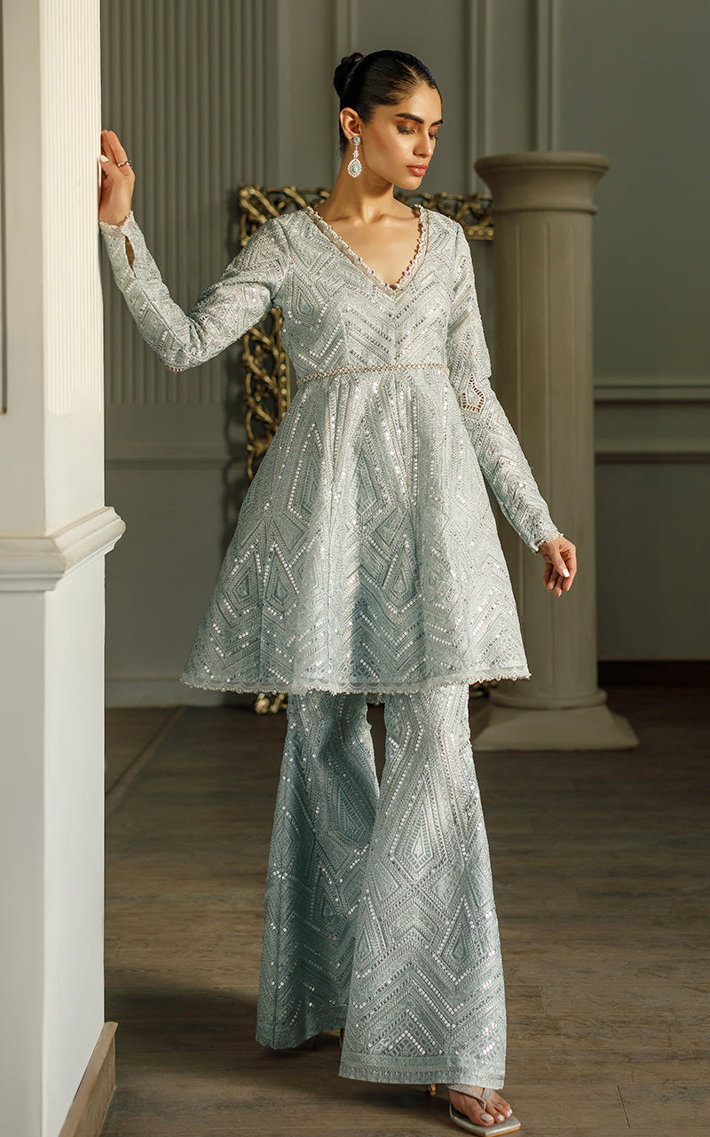 Pakistani Sky Blue Embroidered Organza Peplum Dress (2-Piece) - Image 2