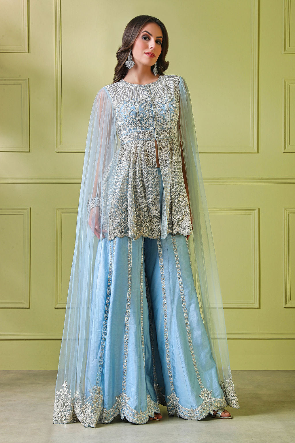 Blue Embroidered Organza Peplum with Raw Silk Sharara (3-Piece) - Image 2