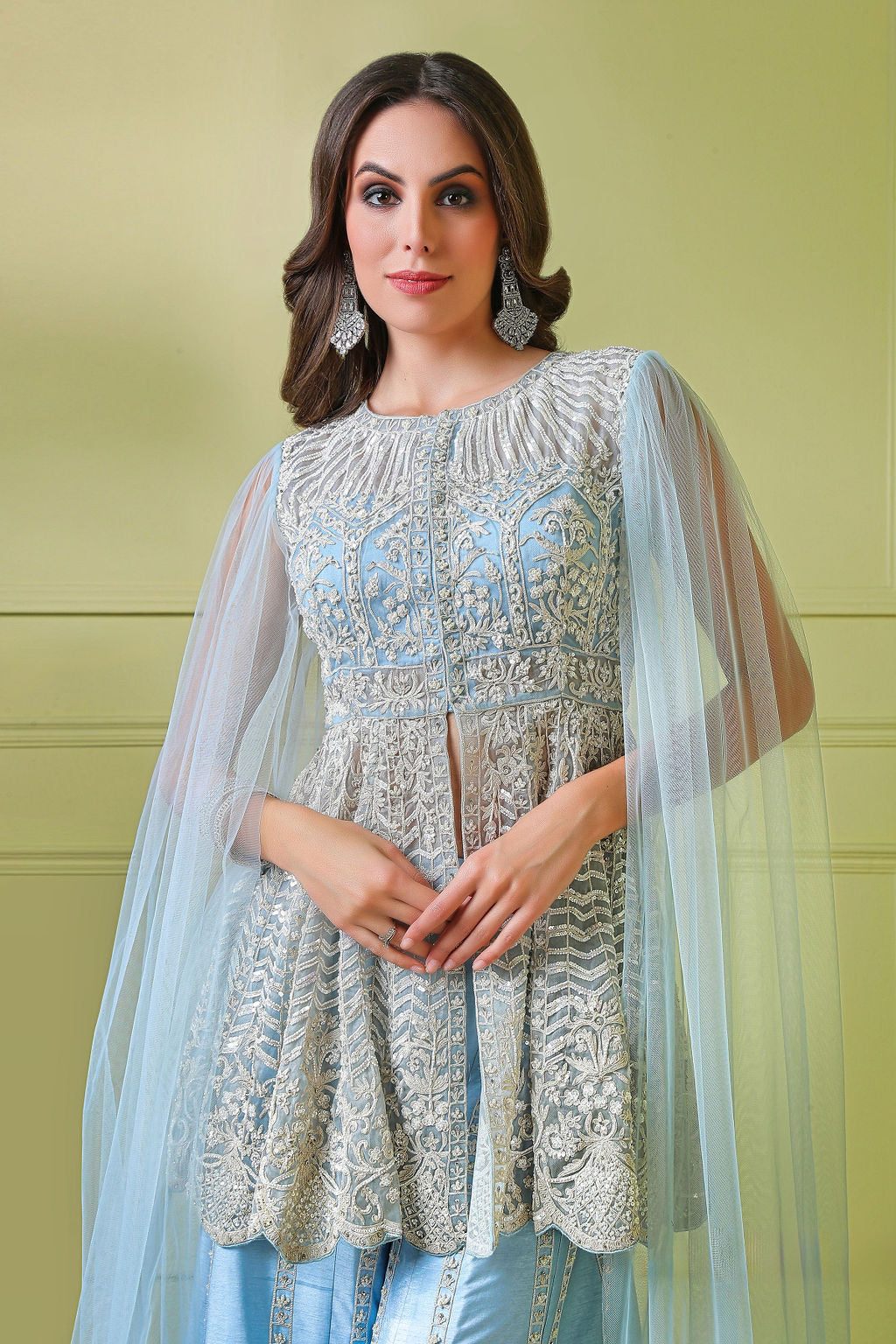 Blue Embroidered Organza Peplum with Raw Silk Sharara (3-Piece) - Image 3