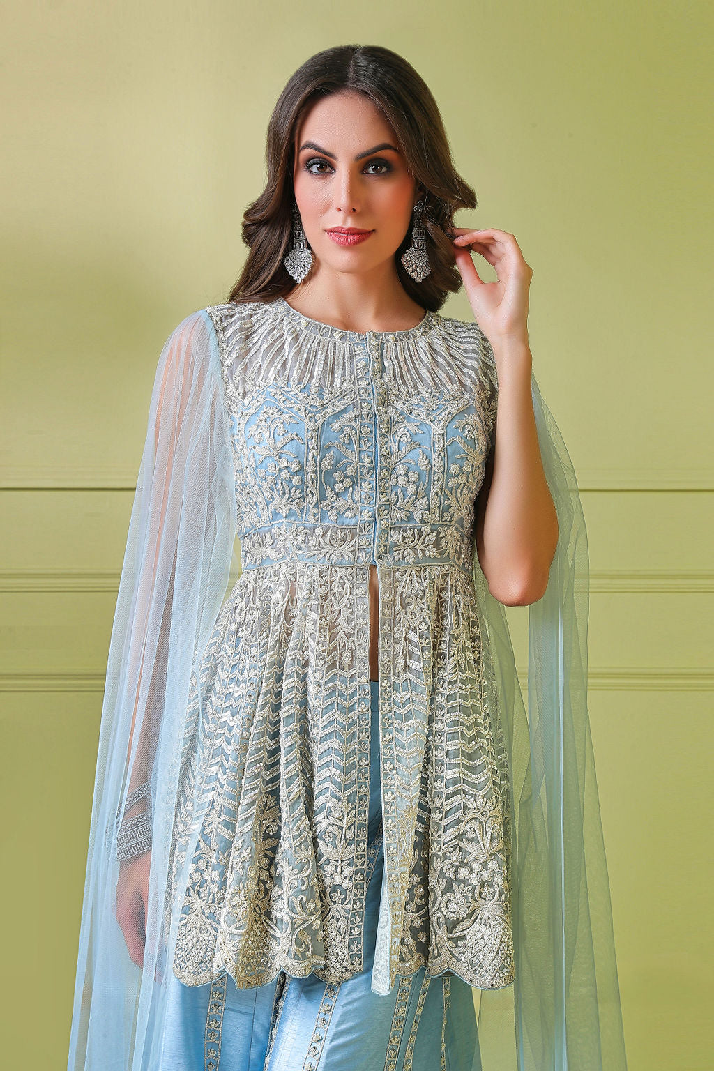 Blue Embroidered Organza Peplum with Raw Silk Sharara (3-Piece) - Image 4