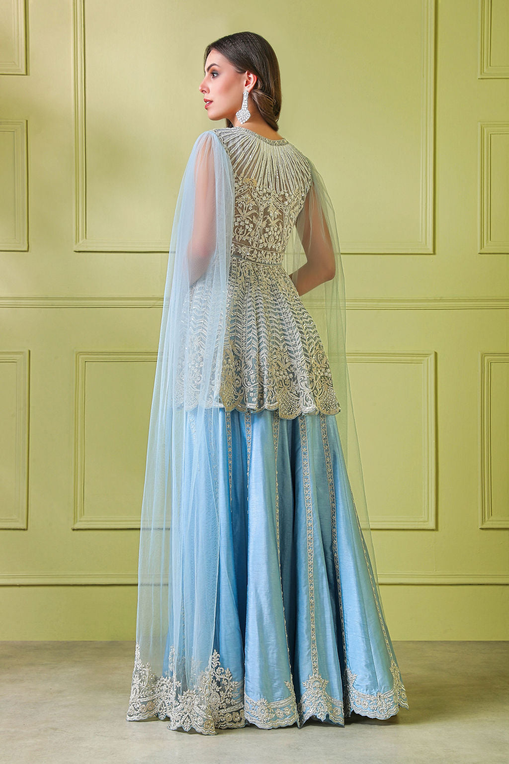 Blue Embroidered Organza Peplum with Raw Silk Sharara (3-Piece) - Image 5