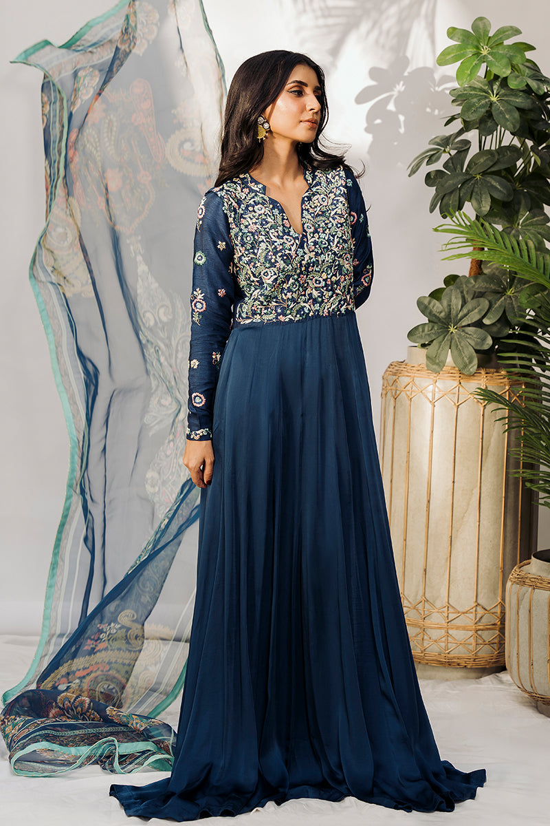 Pakistani Midnight Blue Resham Embroidered Silk Pishwas (2-Piece) - Image 1