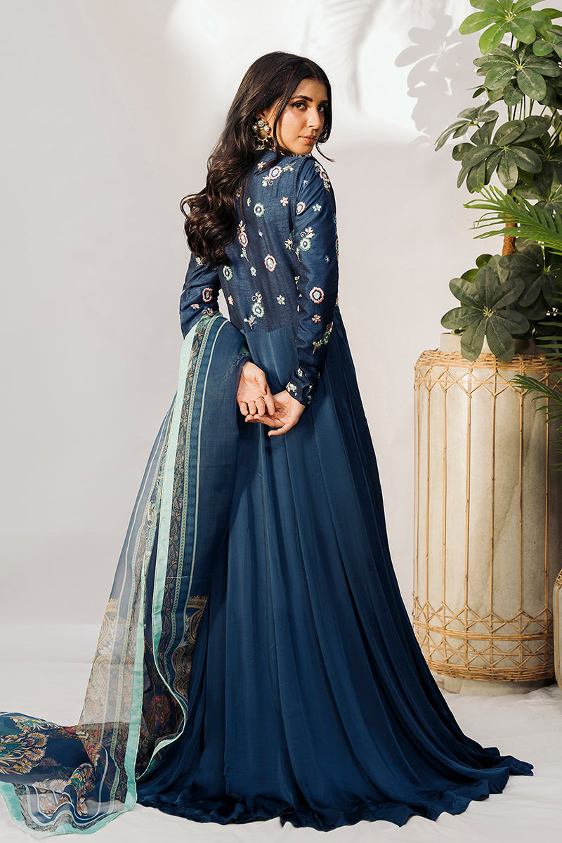 Pakistani Midnight Blue Resham Embroidered Silk Pishwas (2-Piece) - Image 2