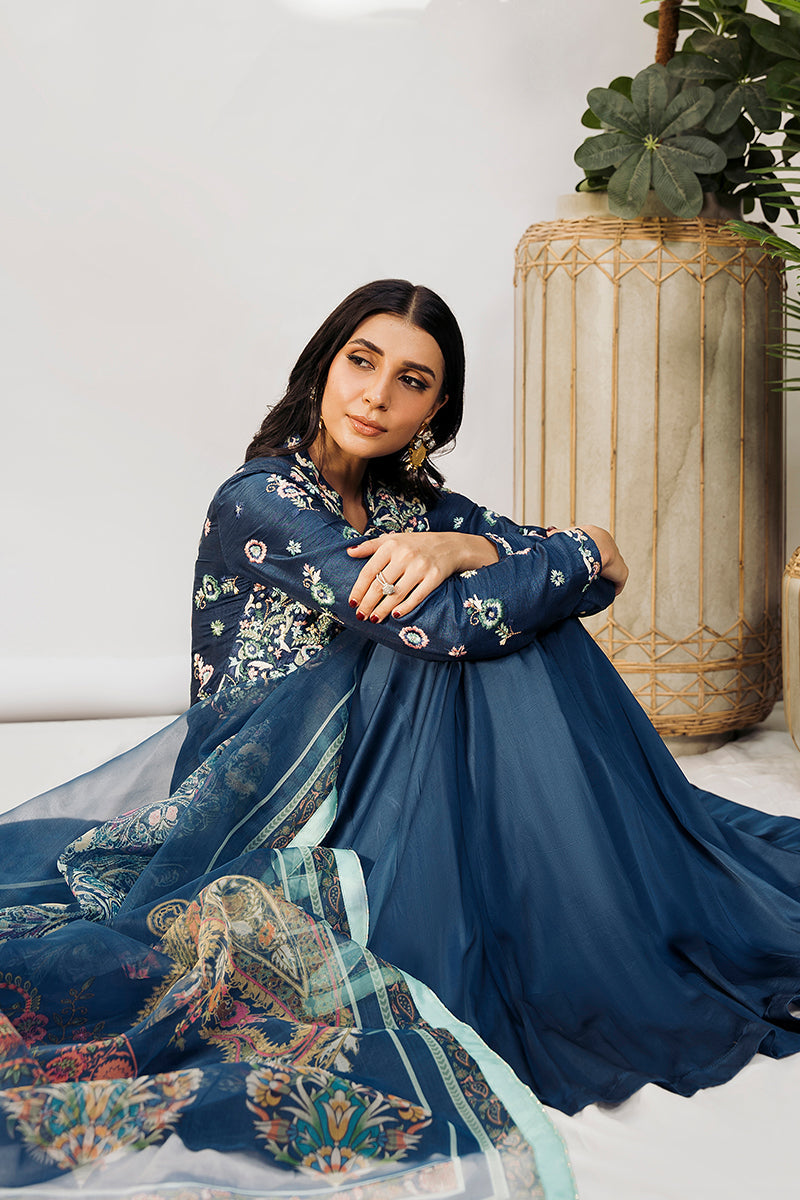 Pakistani Midnight Blue Resham Embroidered Silk Pishwas (2-Piece) - Image 4