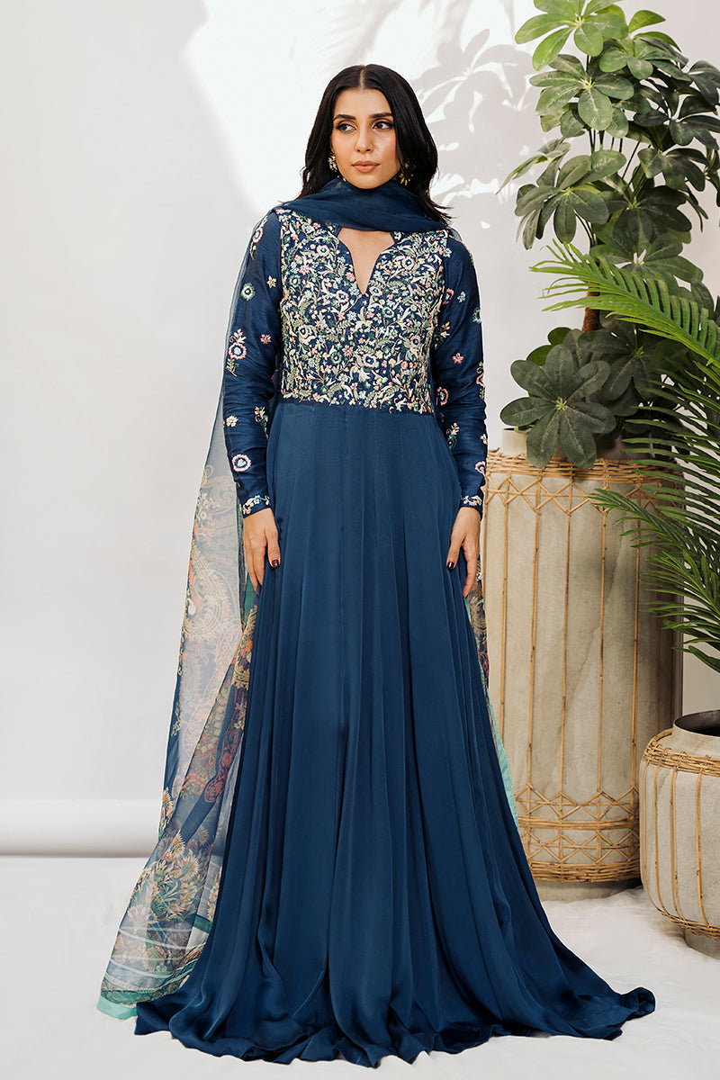 Pakistani Midnight Blue Resham Embroidered Silk Pishwas (2-Piece) - Image 5