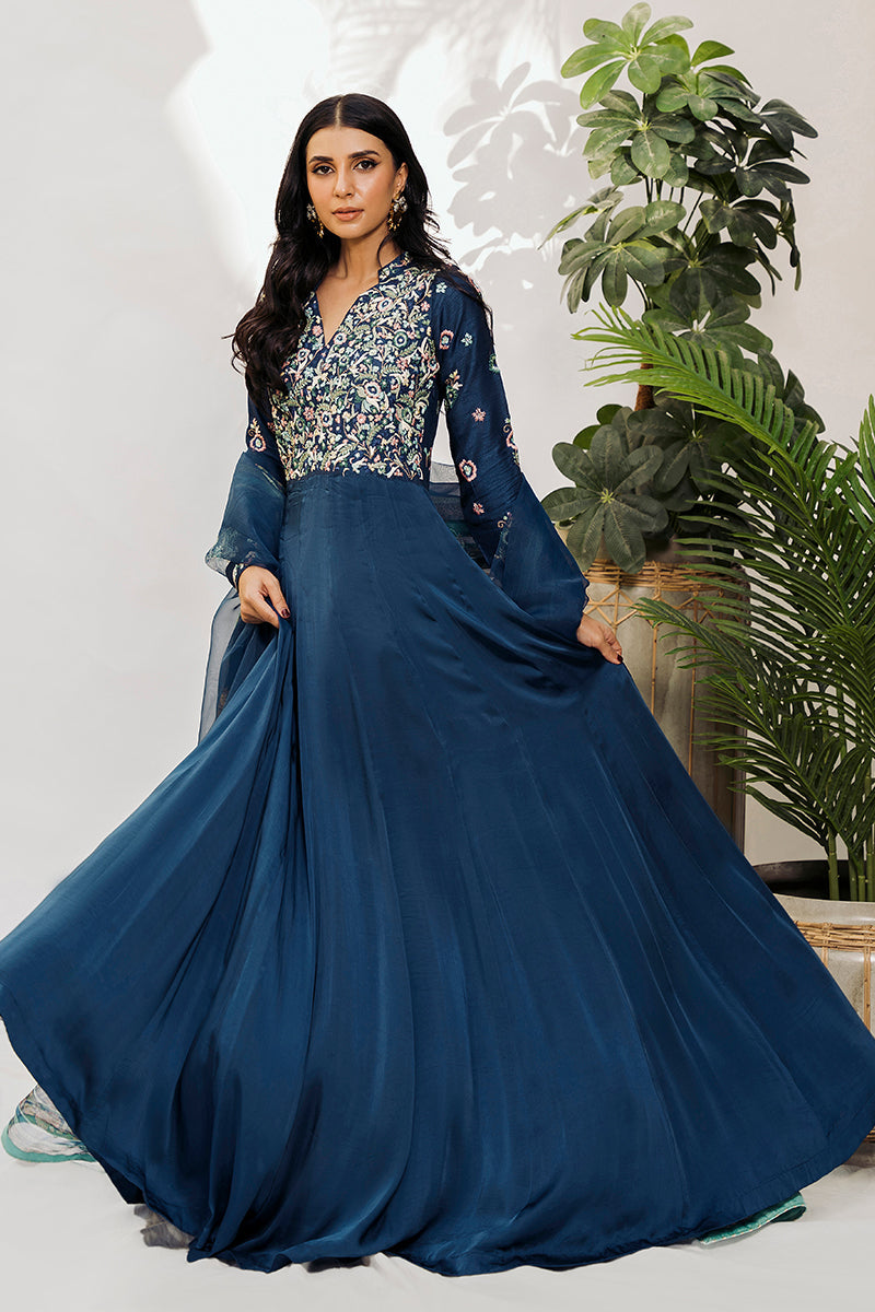 Pakistani Midnight Blue Resham Embroidered Silk Pishwas (2-Piece) - Image 6
