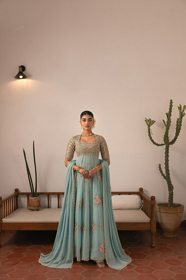 Pakistani Seafoam Blue Embroidered Chiffon Pishwas (2-Piece) - Image 1