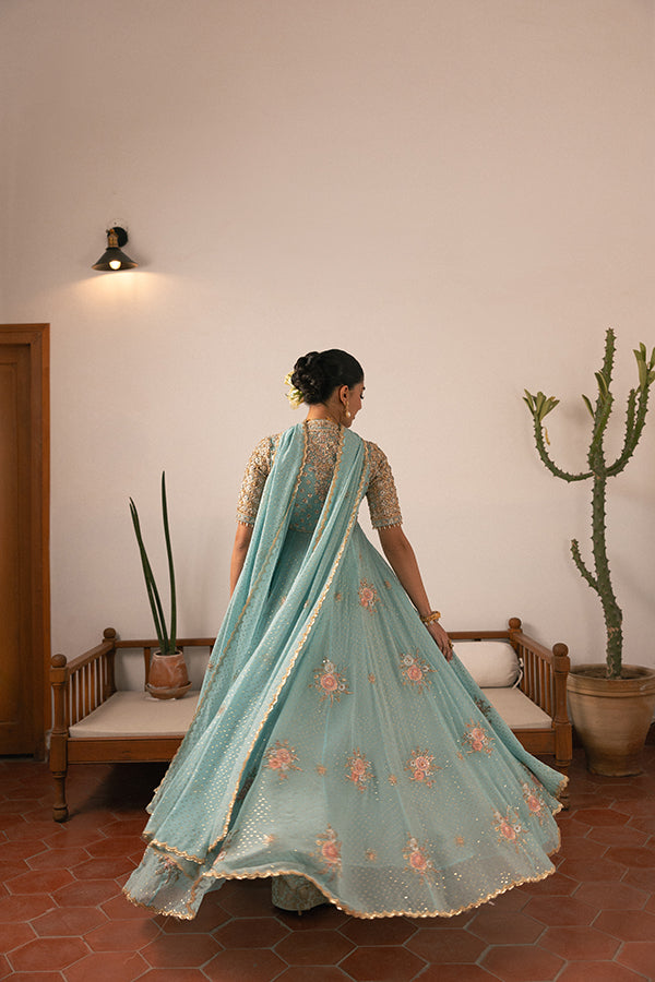 Pakistani Seafoam Blue Embroidered Chiffon Pishwas (2-Piece) - Image 5