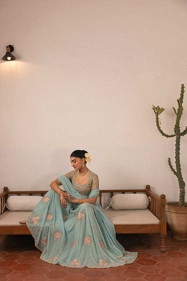 Pakistani Seafoam Blue Embroidered Chiffon Pishwas (2-Piece) - Image 7