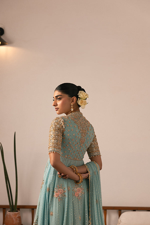 Pakistani Seafoam Blue Embroidered Chiffon Pishwas (2-Piece) - Image 8