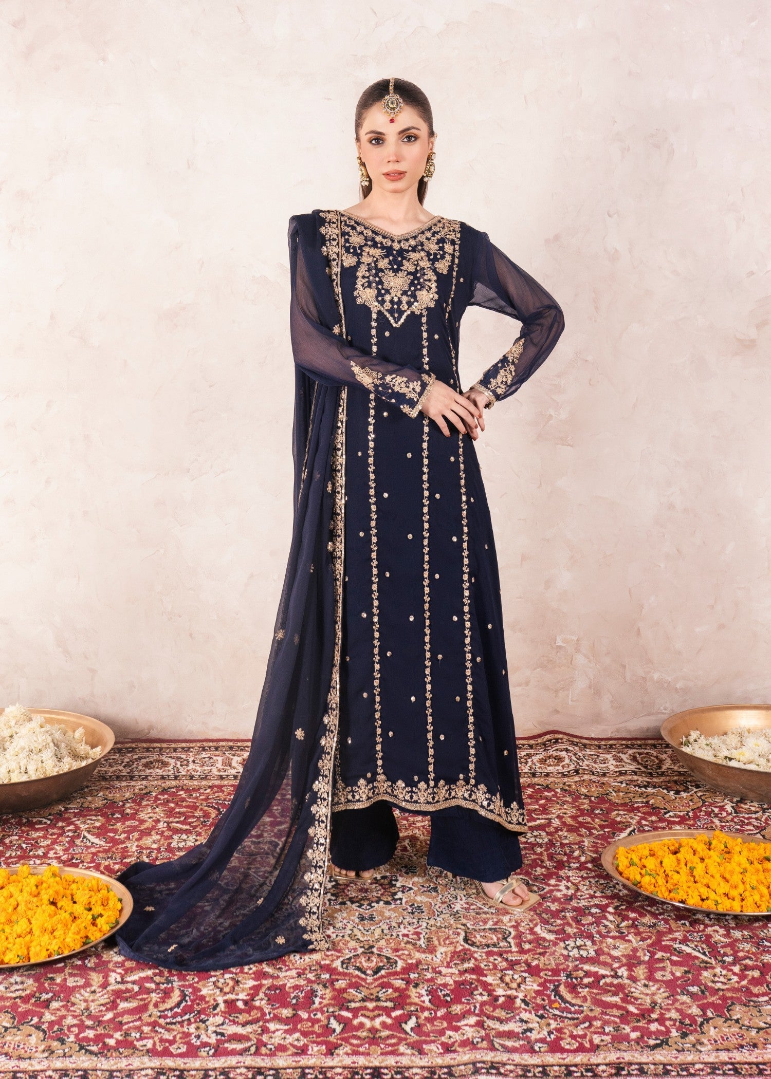 Dark Blue Embroidered Chiffon Pishwas (3-Piece) - Image 1
