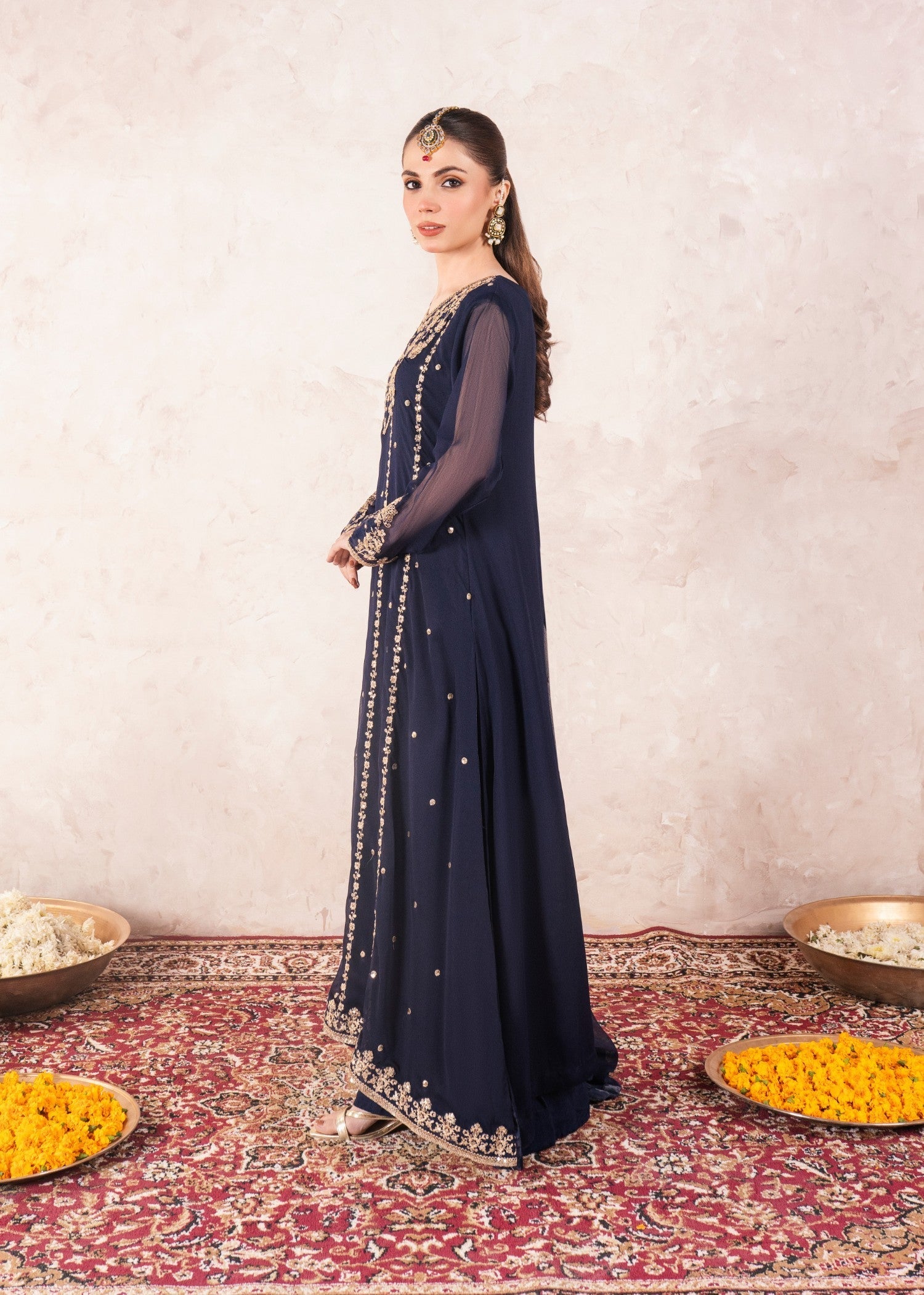 Dark Blue Embroidered Chiffon Pishwas (3-Piece) - Image 2