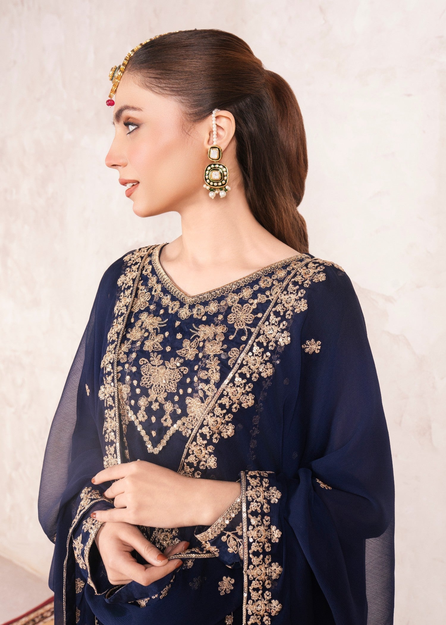 Dark Blue Embroidered Chiffon Pishwas (3-Piece) - Image 4
