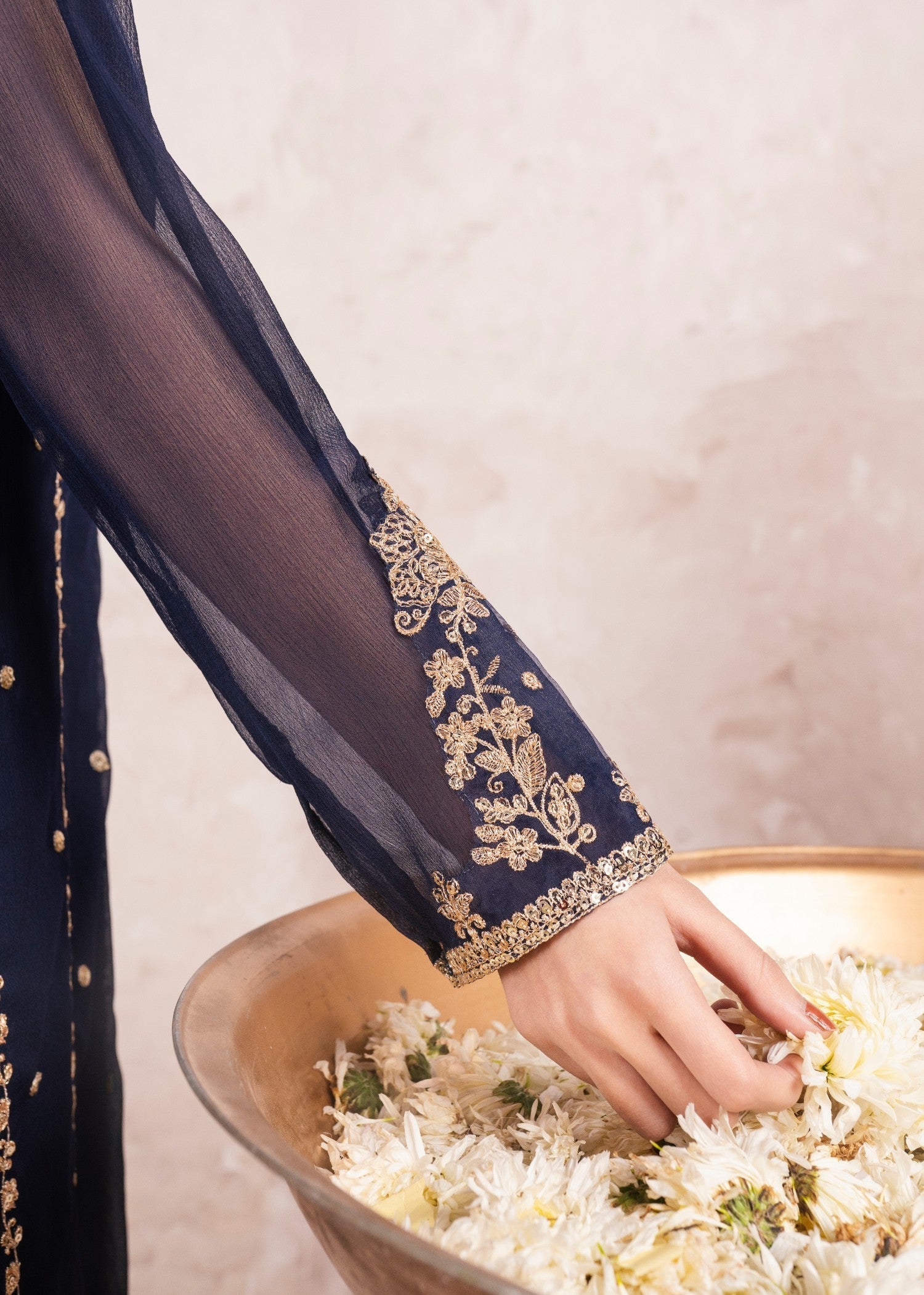 Dark Blue Embroidered Chiffon Pishwas (3-Piece) - Image 5