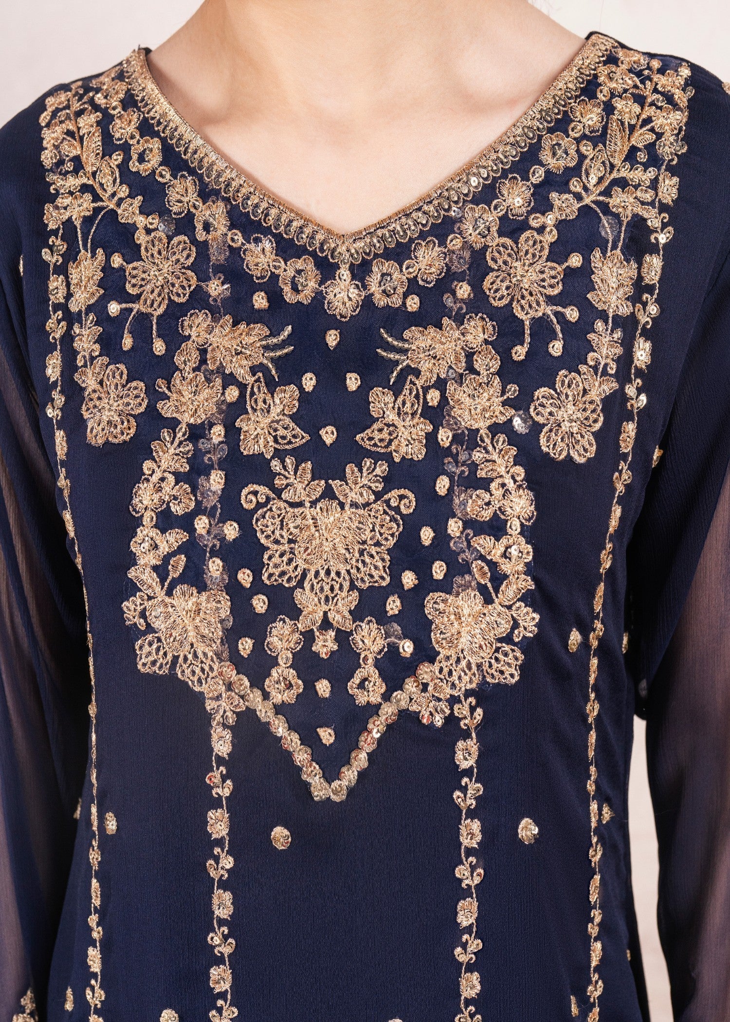 Dark Blue Embroidered Chiffon Pishwas (3-Piece) - Image 6