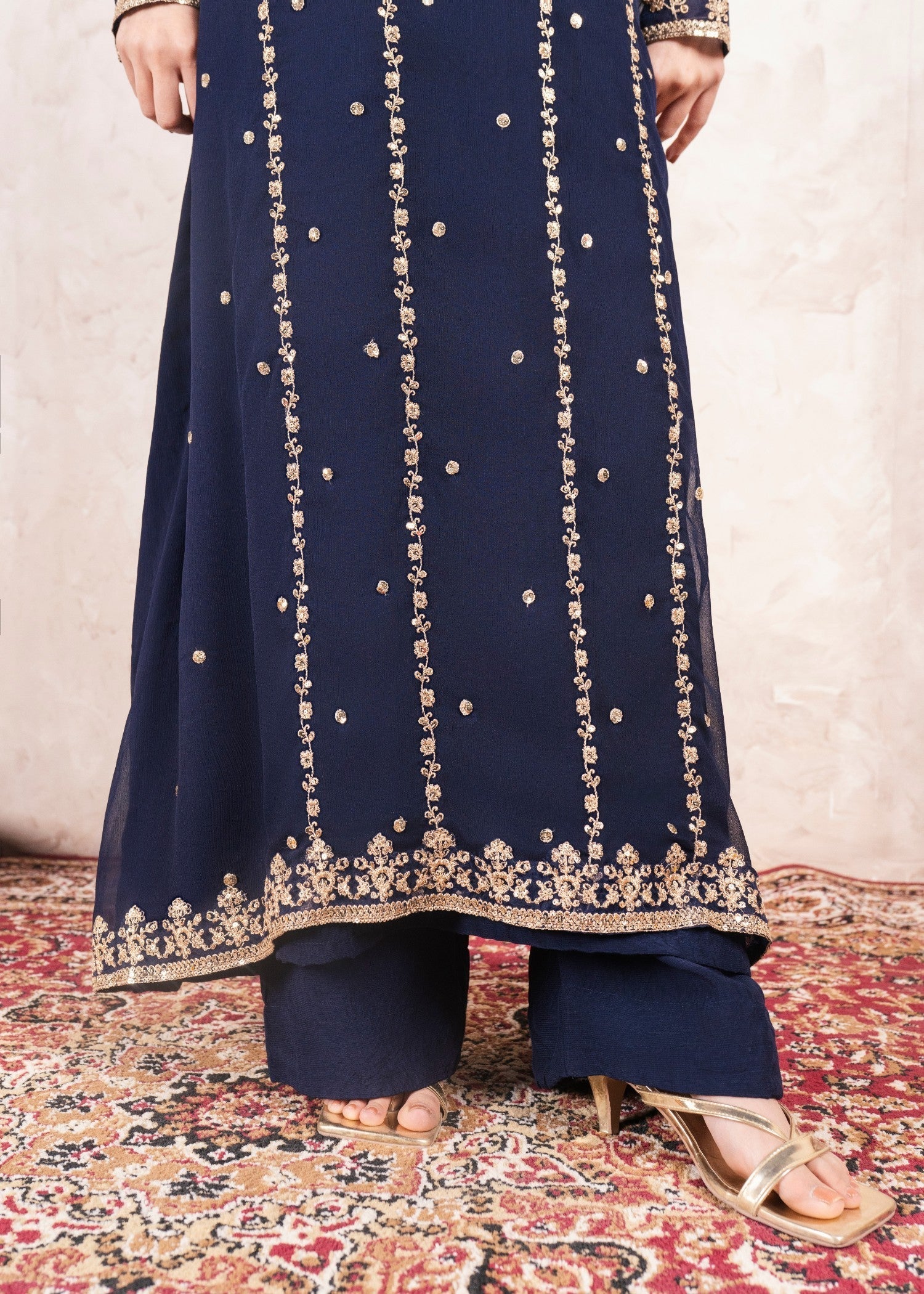 Dark Blue Embroidered Chiffon Pishwas (3-Piece) - Image 7