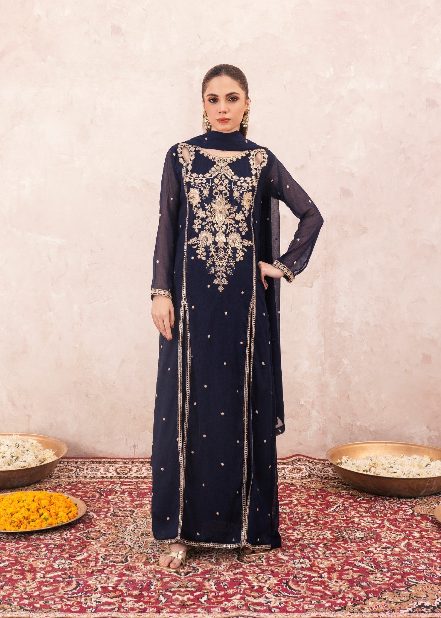 Pakistani Dark Blue Embroidered Chiffon Floor-Length Pishwas (3-Piece) - Image 1
