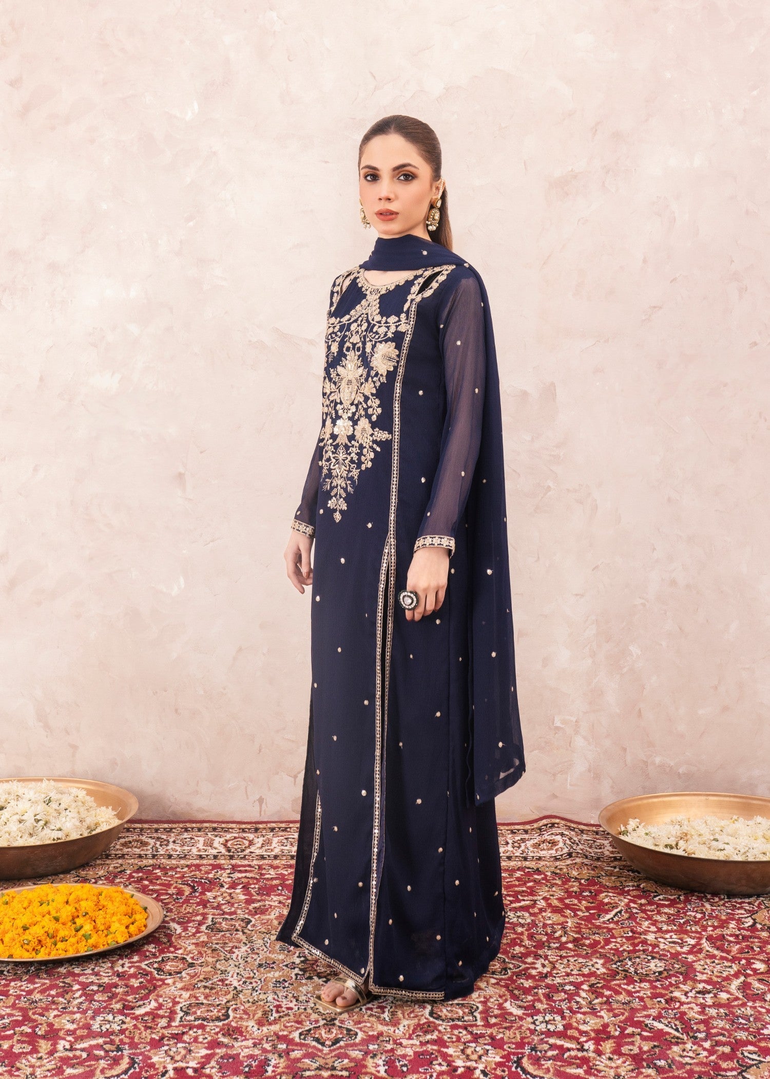 Pakistani Dark Blue Embroidered Chiffon Floor-Length Pishwas (3-Piece) - Image 2