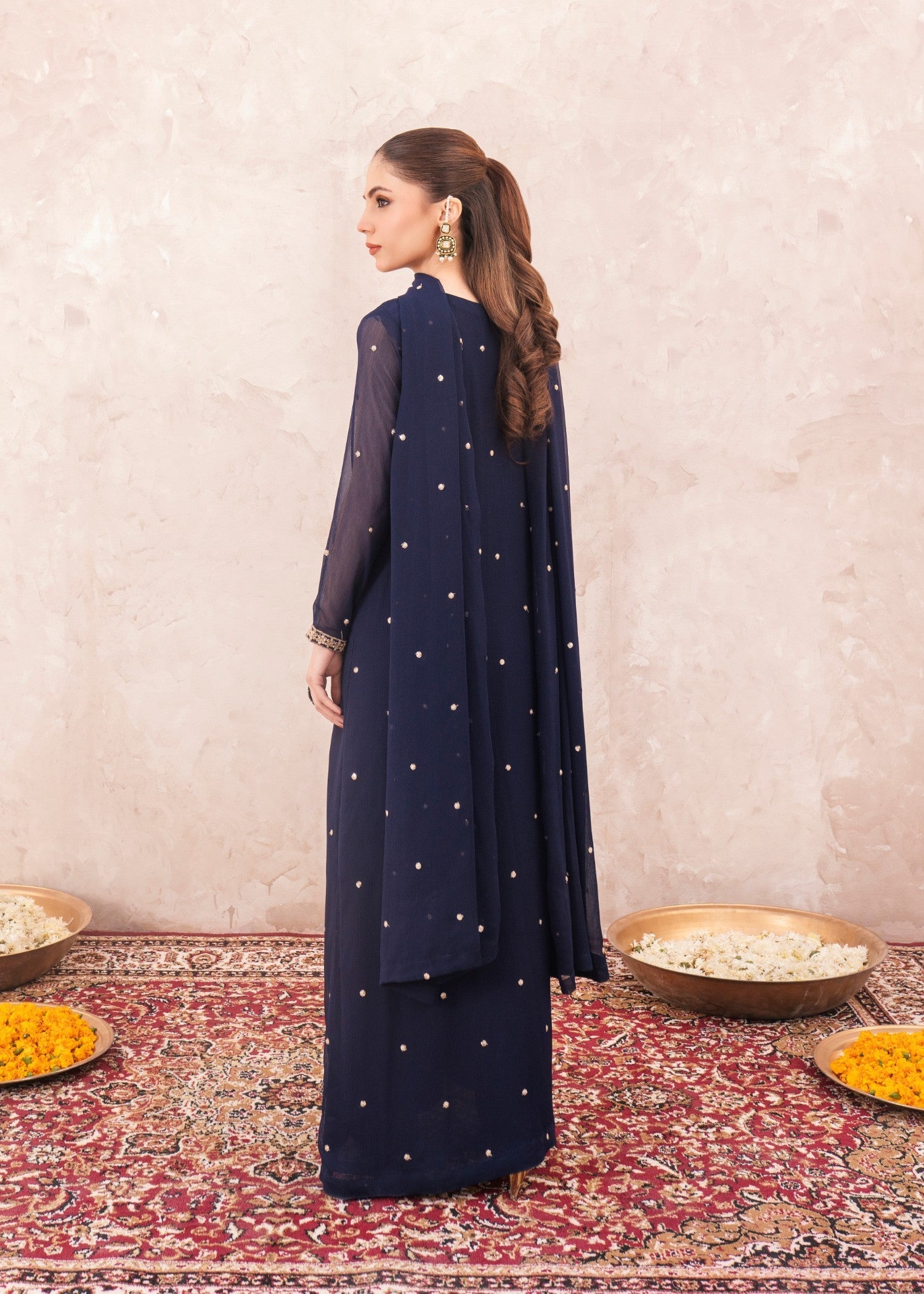 Pakistani Dark Blue Embroidered Chiffon Floor-Length Pishwas (3-Piece) - Image 3