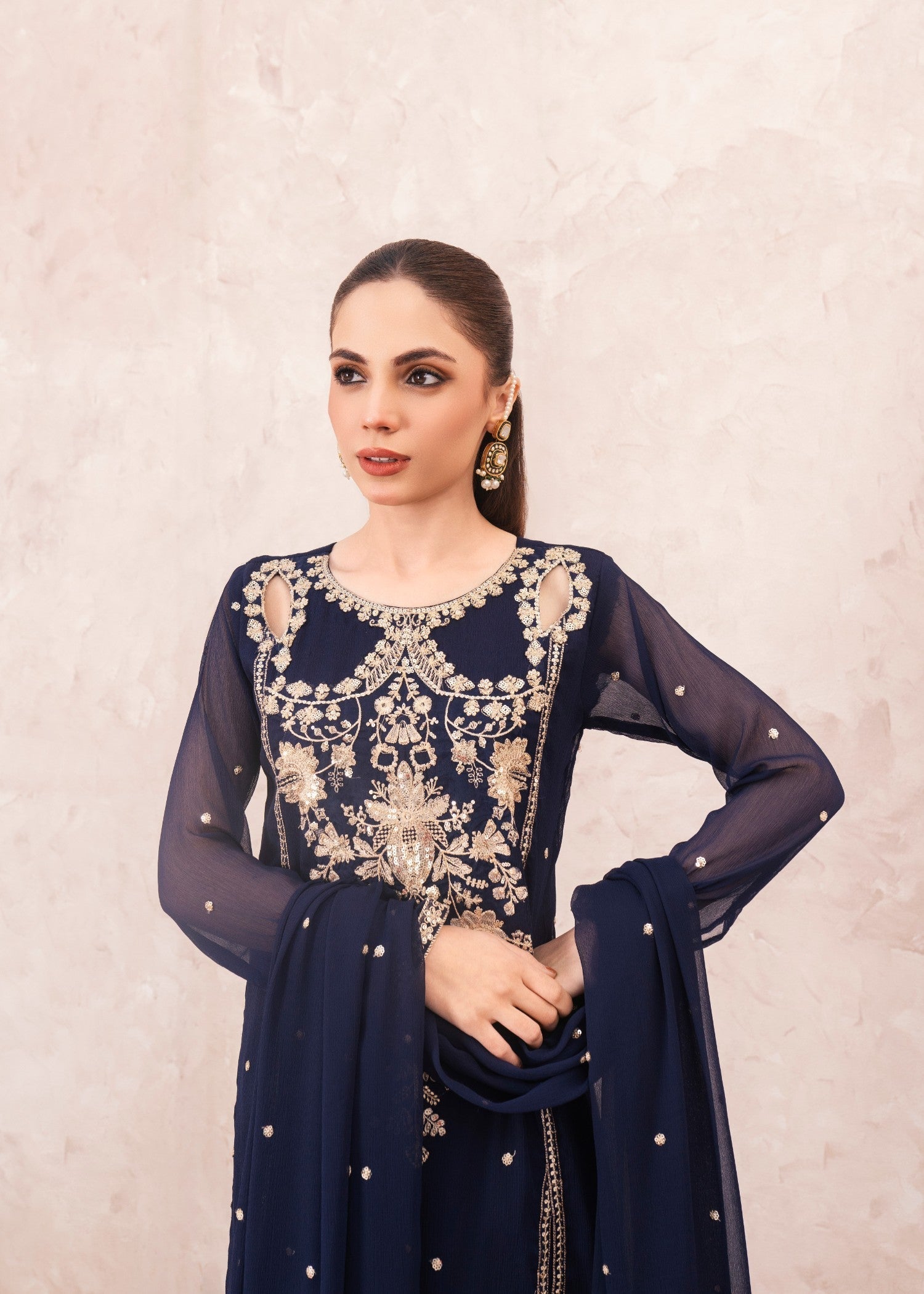Pakistani Dark Blue Embroidered Chiffon Floor-Length Pishwas (3-Piece) - Image 4