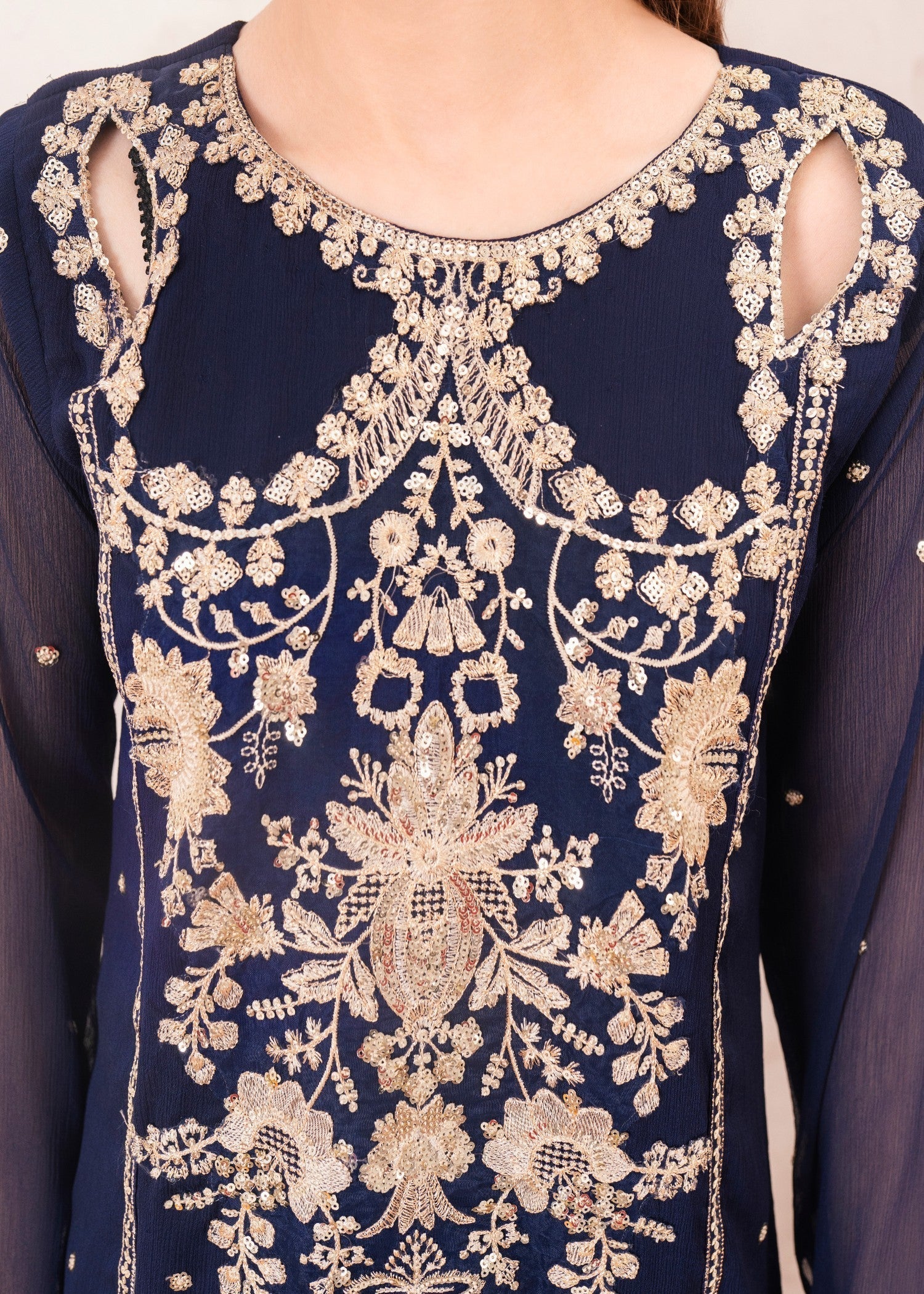 Pakistani Dark Blue Embroidered Chiffon Floor-Length Pishwas (3-Piece) - Image 5