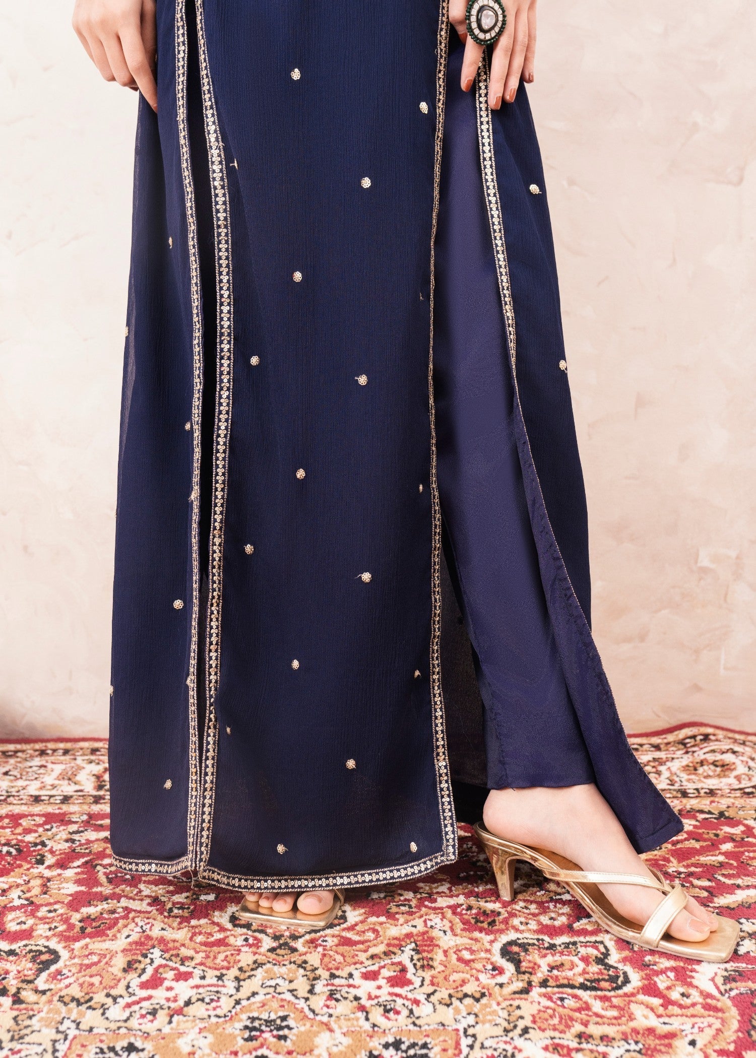 Pakistani Dark Blue Embroidered Chiffon Floor-Length Pishwas (3-Piece) - Image 6