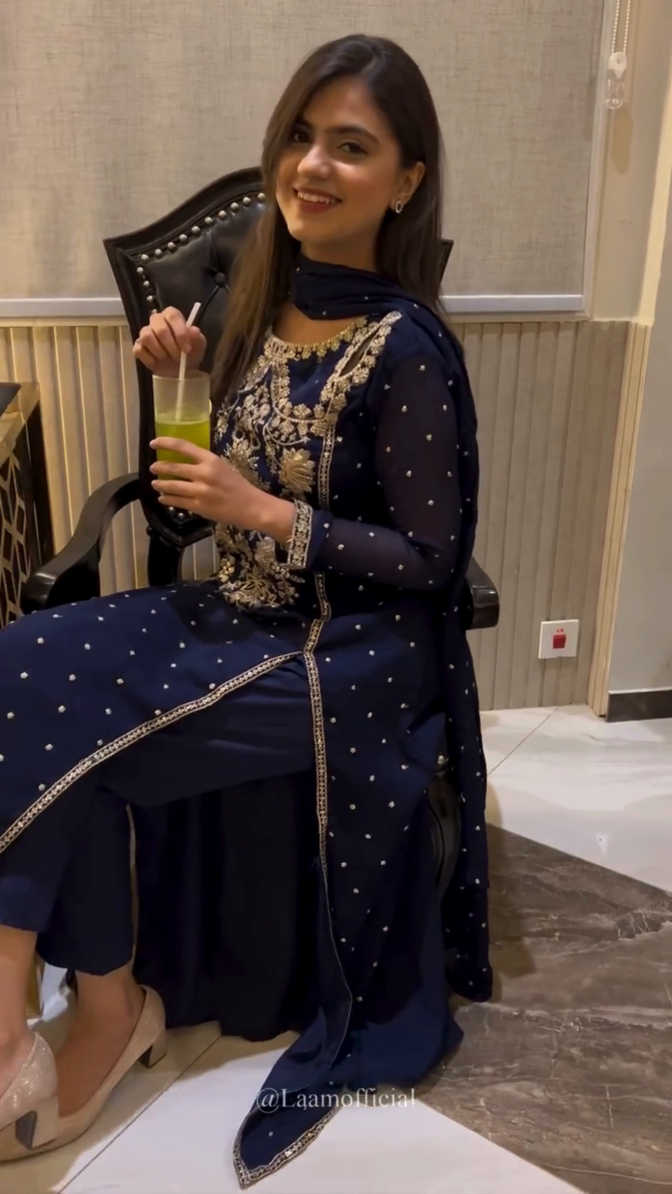 Pakistani Dark Blue Embroidered Chiffon Floor-Length Pishwas (3-Piece) - Image 7